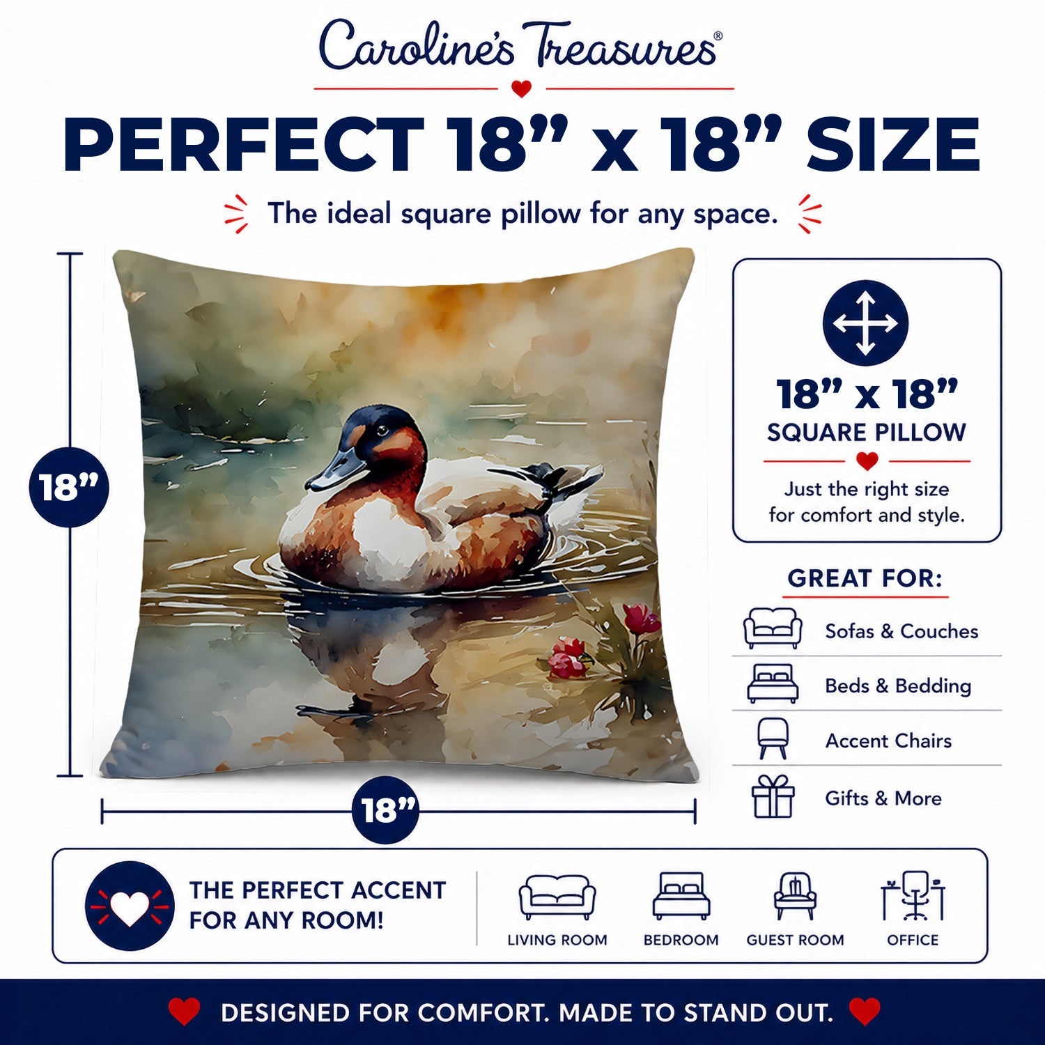 Canvasback Duck Swimming Pond Wildlife Decorative Throw Pillow 18x18 Indoor Outdoor Accent Cushion, Fabric Cover with Insert for Sofa, Bed, Porch & Living Room
