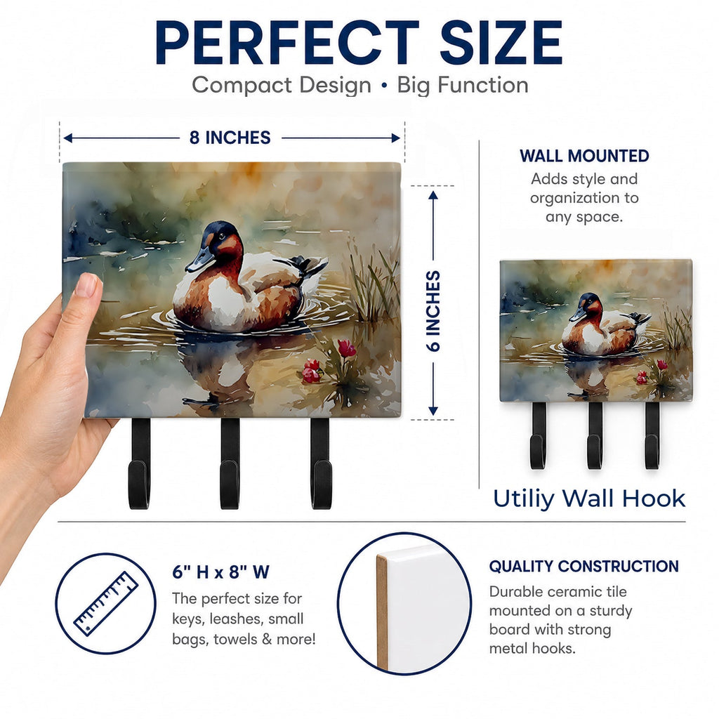 Canvasback Duck Swimming Pond Wildlife Leash or Key Holder Wall Hooks, Coat Rack Wall Mount, for Hanging Keys, Towels, Aprons, Leashes