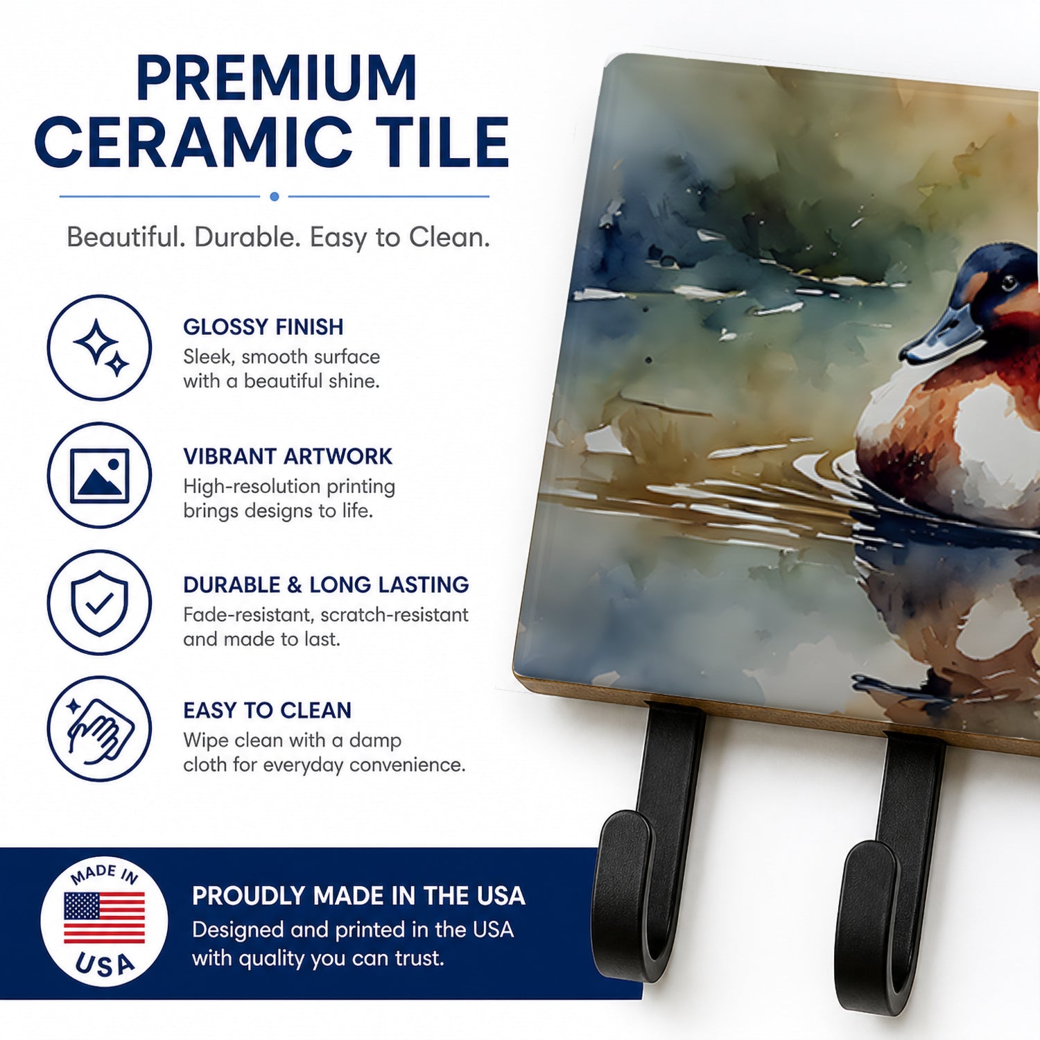 Canvasback Duck Swimming Pond Wildlife Leash or Key Holder Wall Hooks, Coat Rack Wall Mount, for Hanging Keys, Towels, Aprons, Leashes