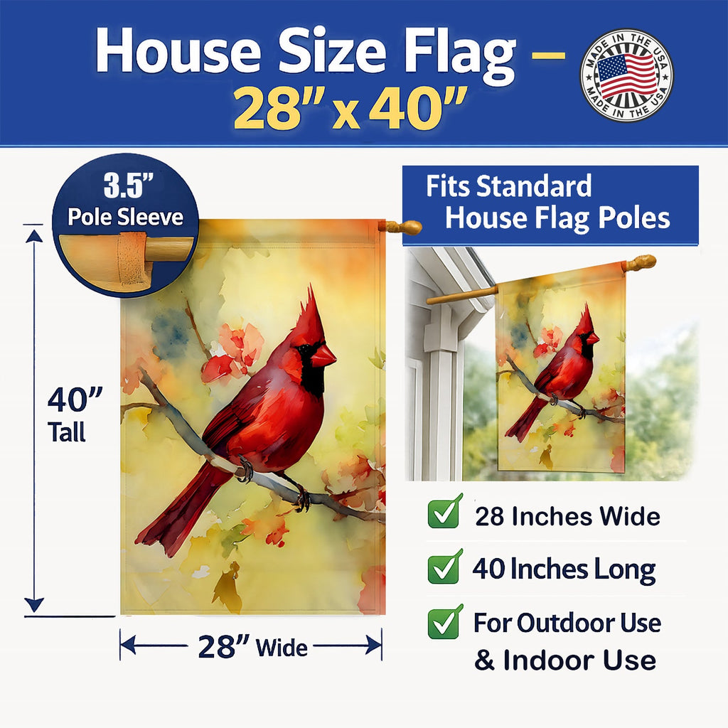 Northern Cardinal on Branch House Flag 28x40 Porch Sleeve Pole Decorative Outside Yard Banner Artwork Wall Hanging, Polyester