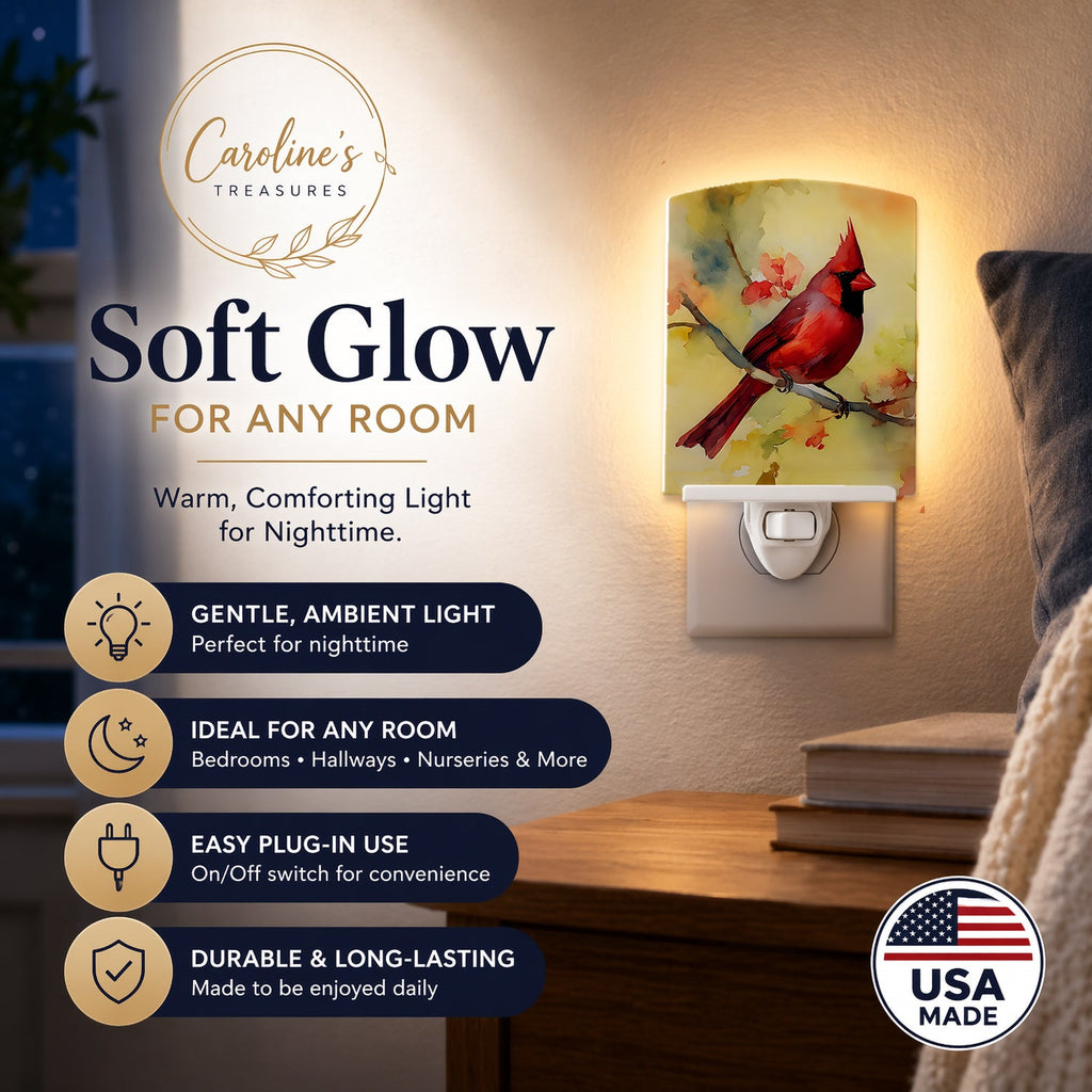 Northern Cardinal on Branch Ceramic Night Light Compact, UL-Certified, Ideal for Bedroom, Bathroom, Nursery, Hallway, Kitchen, 6x4x3, Multicolor