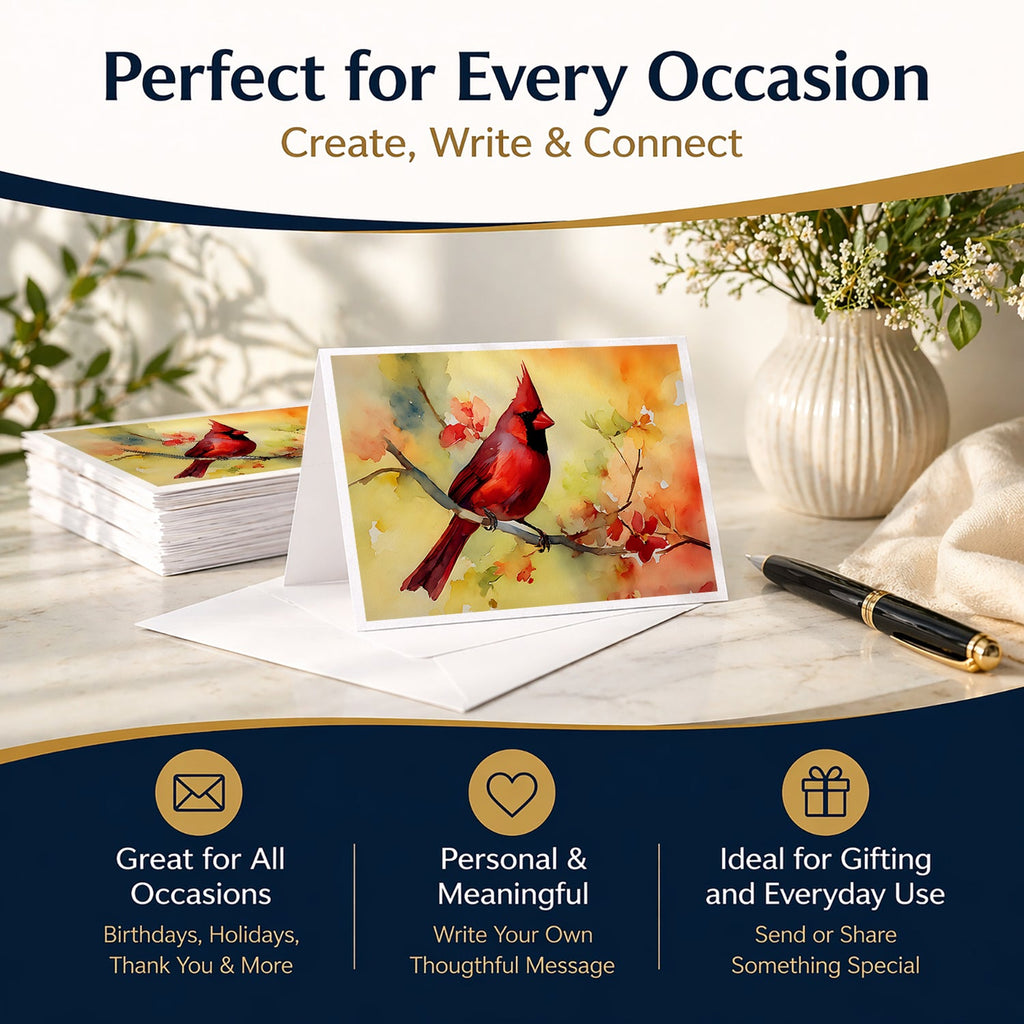 Northern Cardinal on Branch Greeting Cards Pack of 8 Blank Cards with Envelopes Whimsical A7 Size 5x7