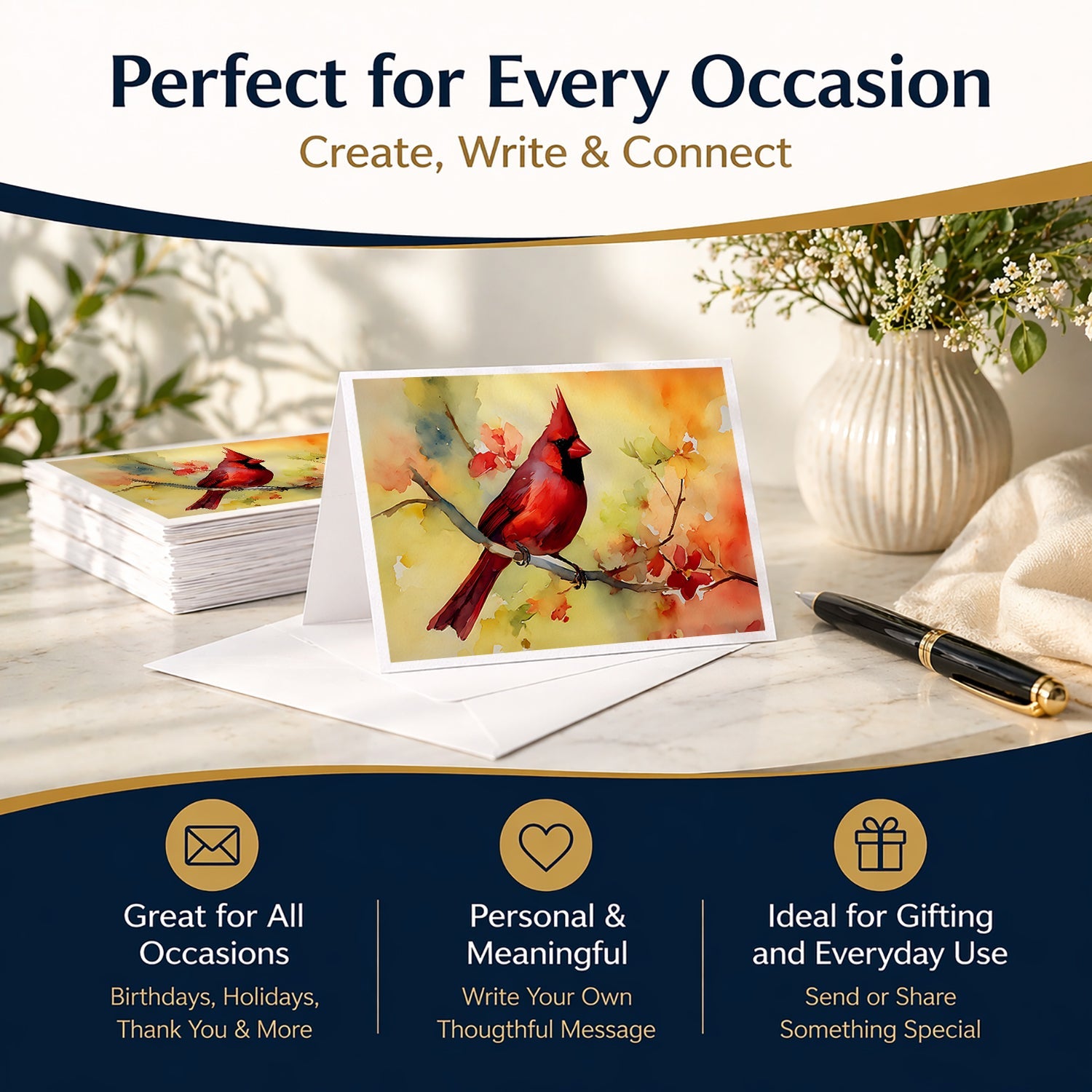 Northern Cardinal on Branch Greeting Cards Pack of 8 Blank Cards with Envelopes Whimsical A7 Size 5x7