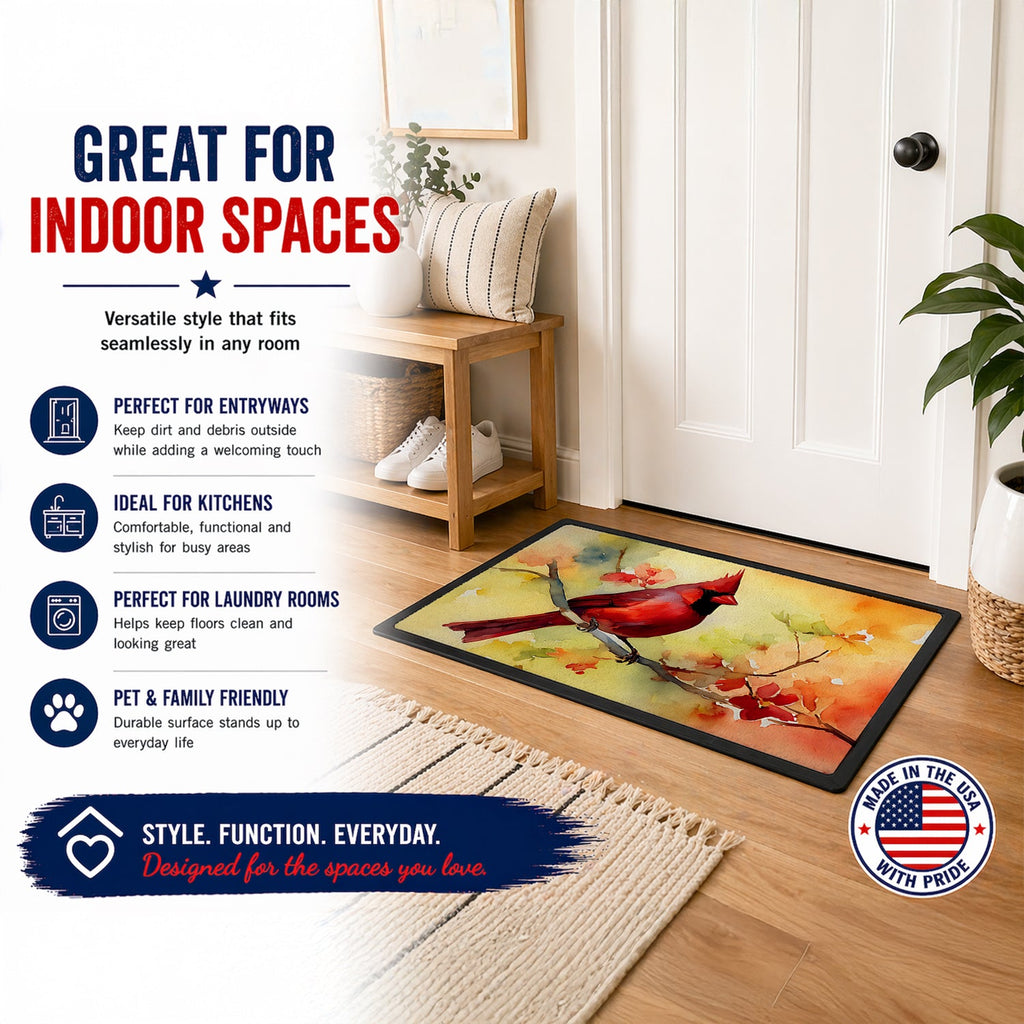 Northern Cardinal on Branch Doormat Indoor Outdoor 24H X 36W Front Door Mat Rugs for Entryway, Non Slip Washable Low Pile,