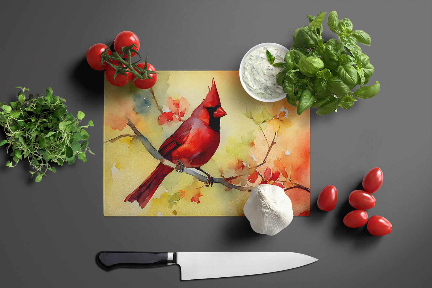 Northern Cardinal on Branch Cutting Board Tempered Glass Kitchen Cutting Surface, Heat Resistant Chopping, Non-Slip Feet, Food Prep & Serving