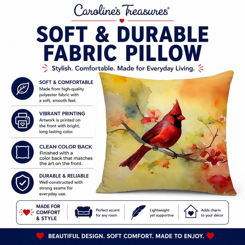 Northern Cardinal on Branch Decorative Throw Pillow 14x14 Indoor Outdoor Accent Cushion, Fabric Cover with Insert for Sofa, Bed, Porch & Living Room
