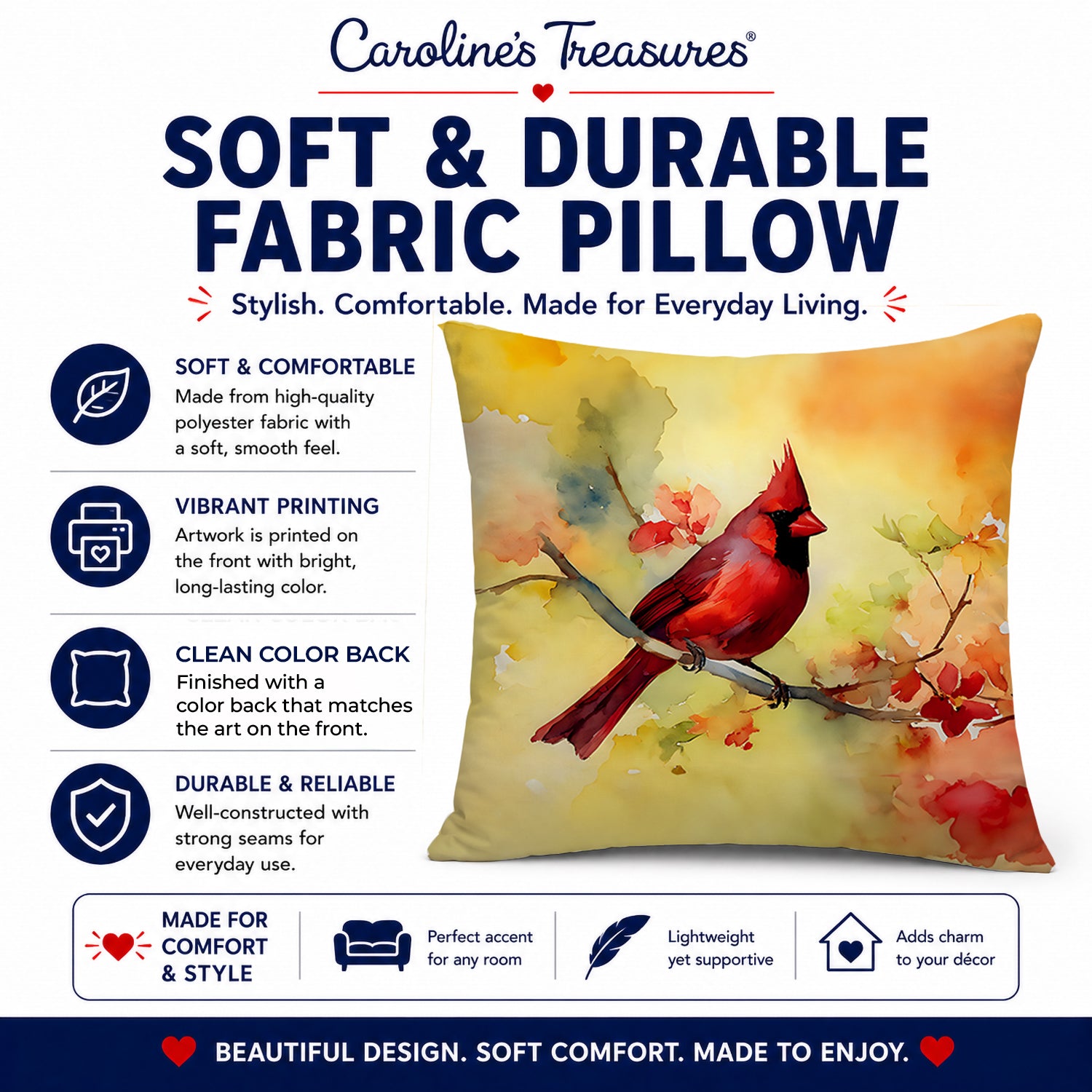 Northern Cardinal on Branch Decorative Throw Pillow 14x14 Indoor Outdoor Accent Cushion, Fabric Cover with Insert for Sofa, Bed, Porch & Living Room