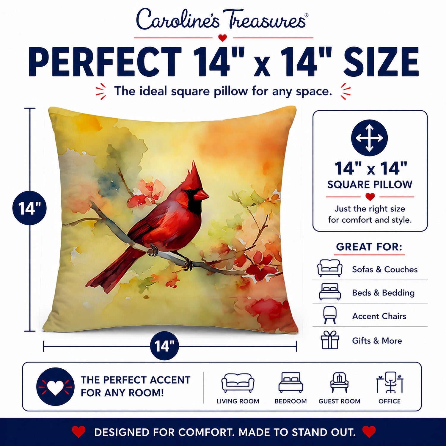 Northern Cardinal on Branch Decorative Throw Pillow 14x14 Indoor Outdoor Accent Cushion, Fabric Cover with Insert for Sofa, Bed, Porch & Living Room