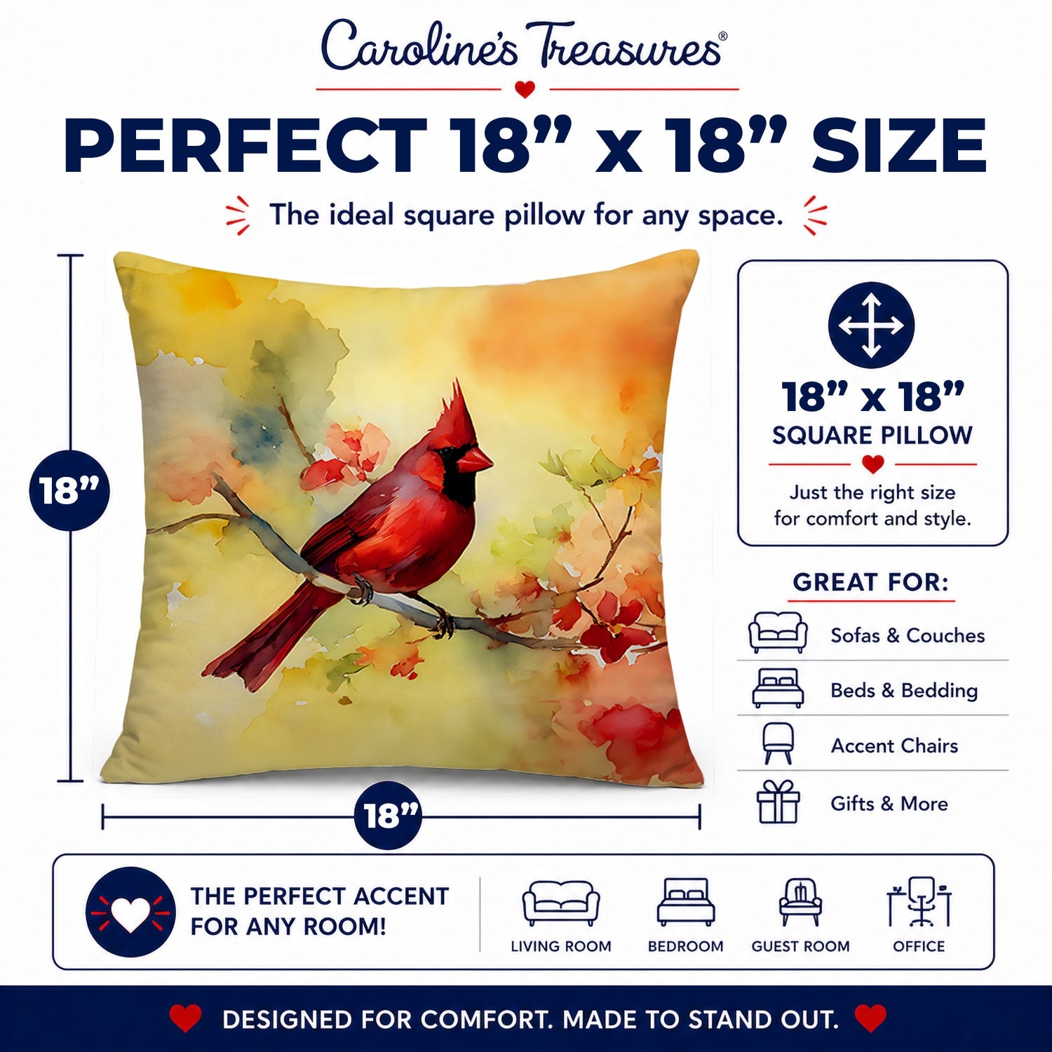 Northern Cardinal on Branch Decorative Throw Pillow 18x18 Indoor Outdoor Accent Cushion, Fabric Cover with Insert for Sofa, Bed, Porch & Living Room