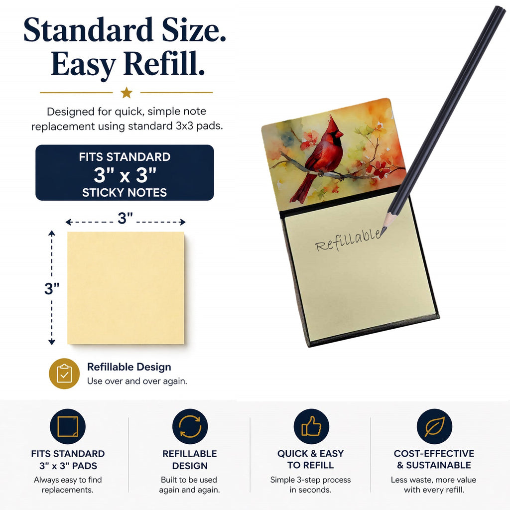 Northern Cardinal on Branch Watercolor Sticky Note Holder Refillable Dispenser Desk Accessory 3x3 Pad Gift
