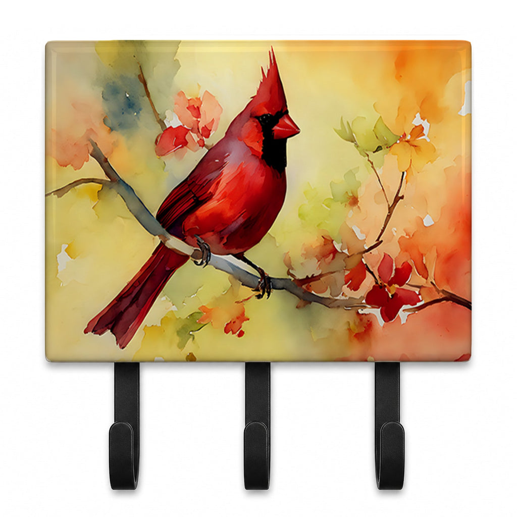 Northern Cardinal on Branch Leash or Key Holder Wall Hooks, Coat Rack Wall Mount, for Hanging Keys, Towels, Aprons, Leashes