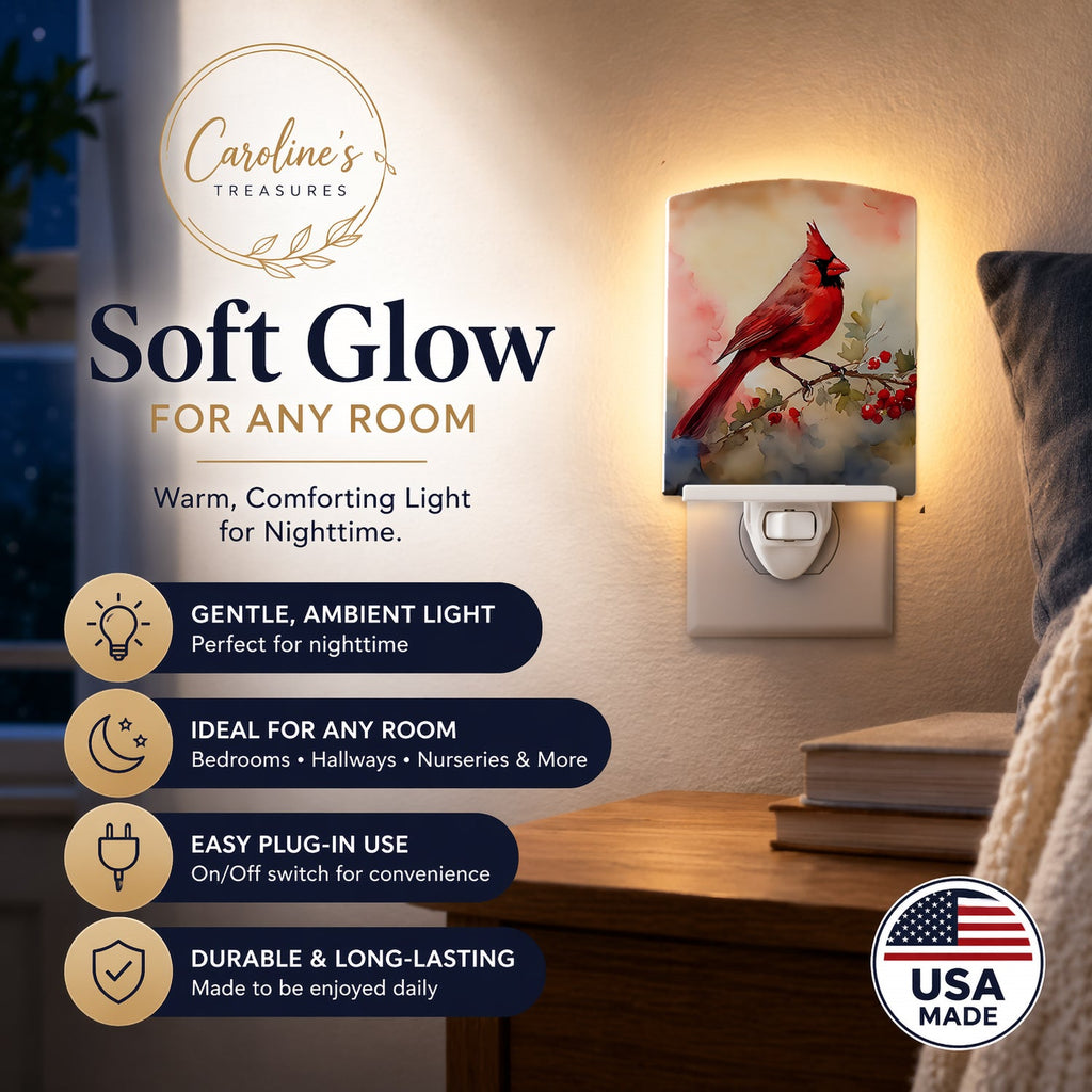 Northern Cardinal with Berries Ceramic Night Light Compact, UL-Certified, Ideal for Bedroom, Bathroom, Nursery, Hallway, Kitchen, 6x4x3, Multicolor