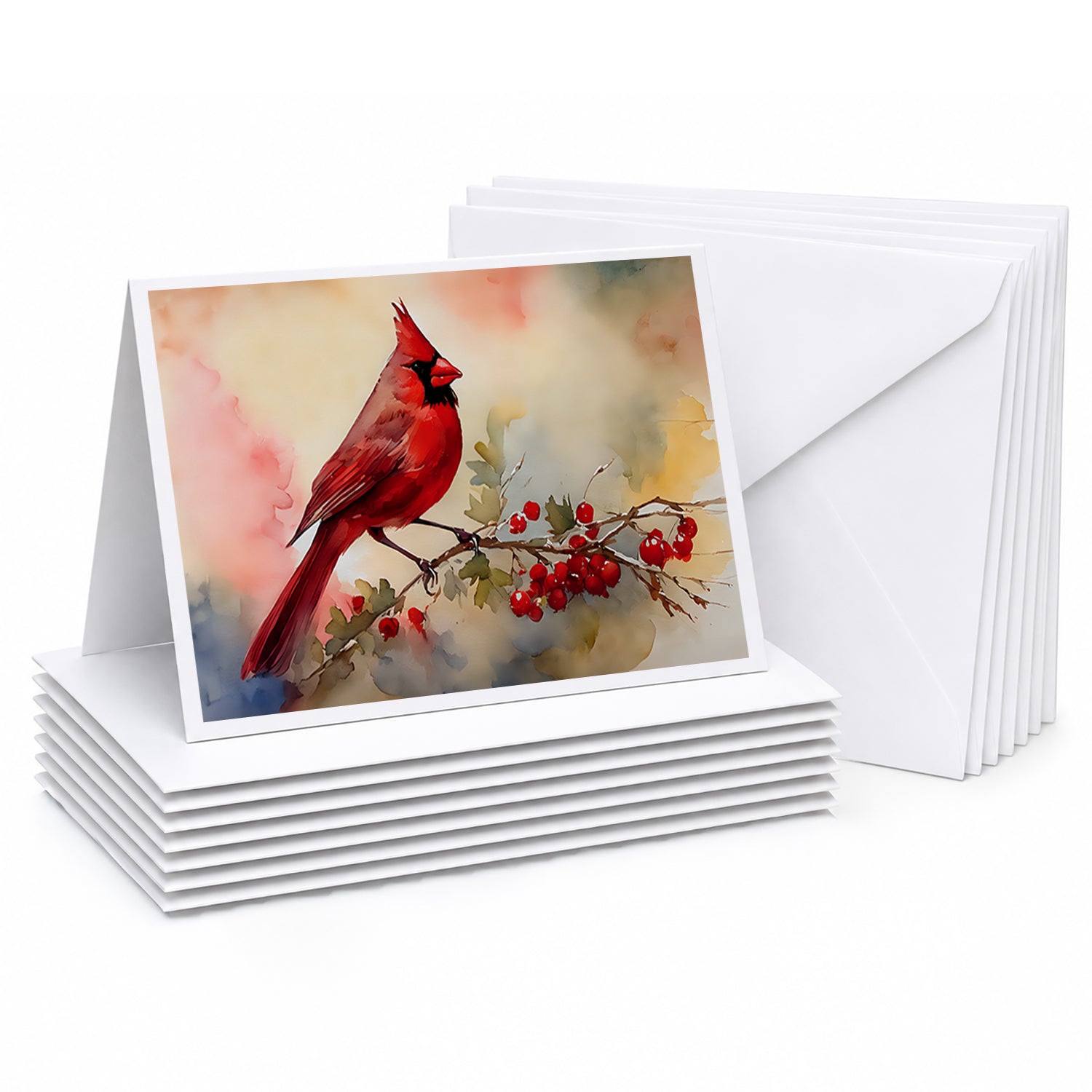 Northern Cardinal with Berries Greeting Cards Pack of 8 Blank Cards with Envelopes Whimsical A7 Size 5x7