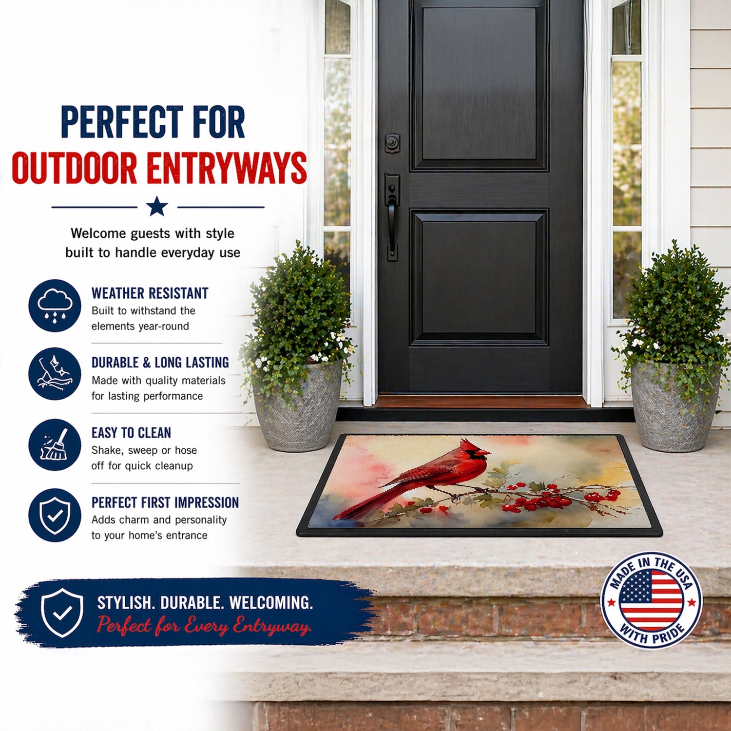 Northern Cardinal with Berries Doormat Indoor Outdoor 24H X 36W Front Door Mat Rugs for Entryway, Non Slip Washable Low Pile,