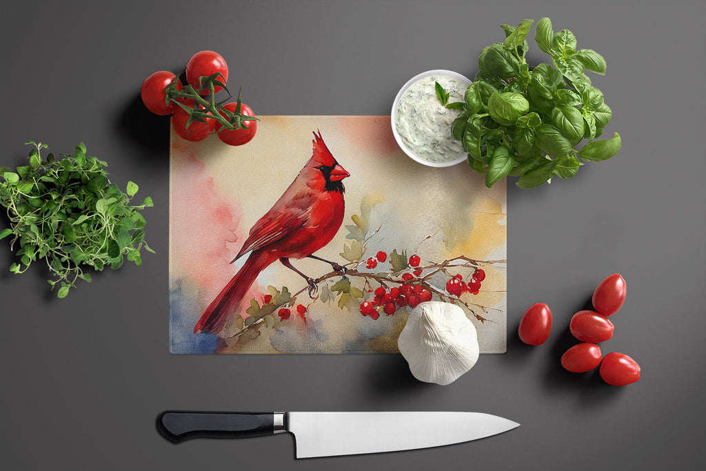 Northern Cardinal with Berries Cutting Board Tempered Glass Kitchen Cutting Surface, Heat Resistant Chopping, Non-Slip Feet, Food Prep & Serving