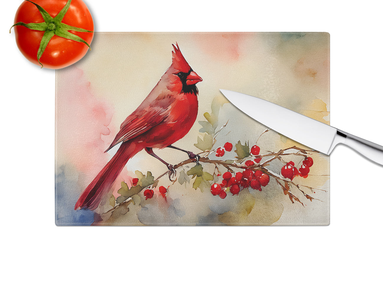 Northern Cardinal with Berries Cutting Board Tempered Glass Kitchen Cutting Surface, Heat Resistant Chopping, Non-Slip Feet, Food Prep & Serving