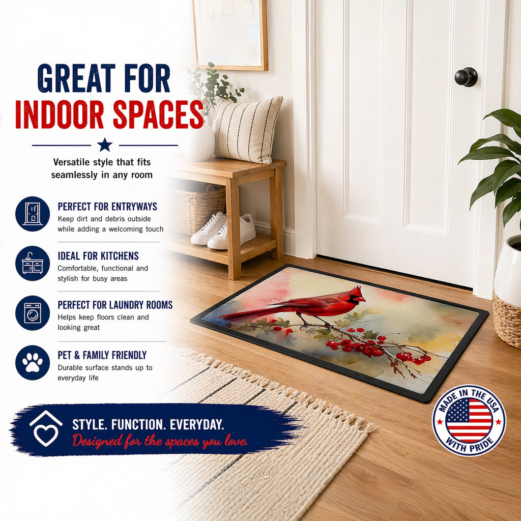 Northern Cardinal with Berries Doormat Indoor Outdoor 18H X 27W Front Door Mat Rugs for Entryway, Non Slip Washable