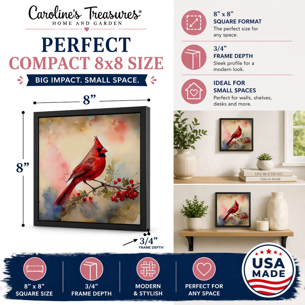 Northern Cardinal with Berries Framed Metal Print Bathroom, Kitchen, Office, Home Decor Wall Art Ready to Hang, Square, 8X8