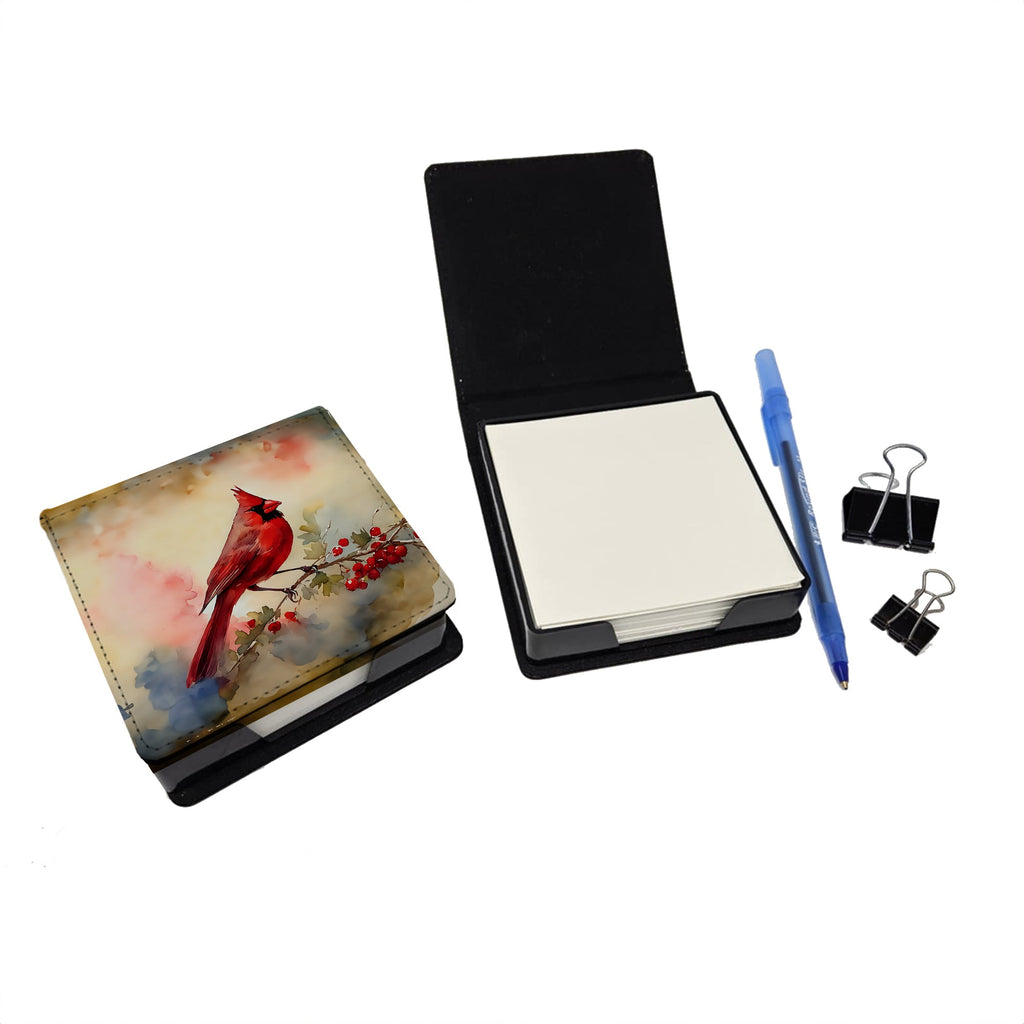 Northern Cardinal with Berries PU Leather Note Paper Holder with Artist-Designed Cover, Desk Accessory, Office Gift