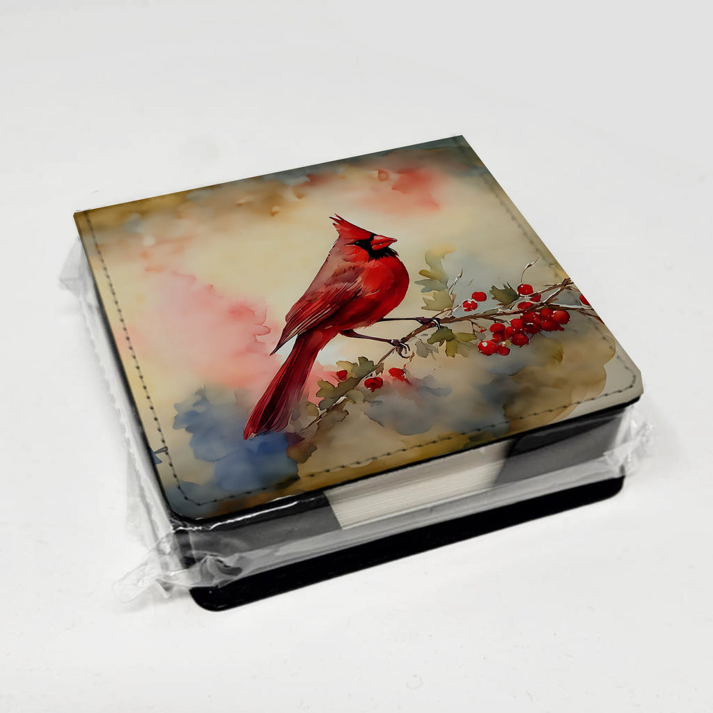 Northern Cardinal with Berries PU Leather Note Paper Holder with Artist-Designed Cover, Desk Accessory, Office Gift