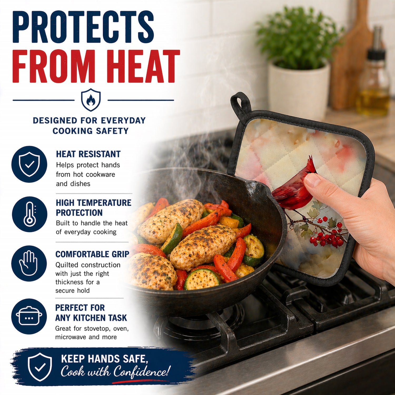 Northern Cardinal with Berries Pot Holder Set of 2 Heat Resistant Quilted Hot Pads 7.5 x 7.5 Inch, Insulated Kitchen Trivets for Cooking & Baking
