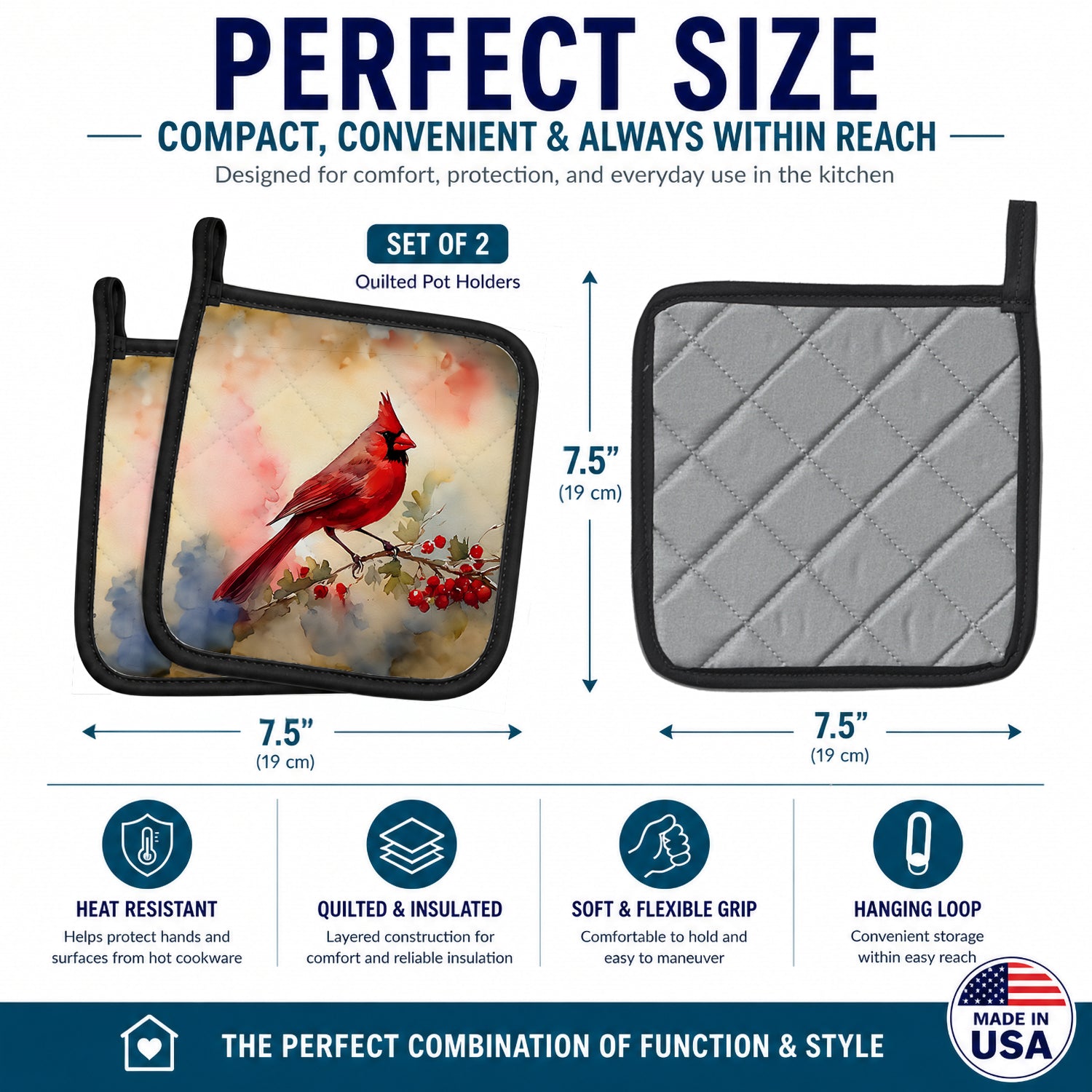 Northern Cardinal with Berries Pot Holder Set of 2 Heat Resistant Quilted Hot Pads 7.5 x 7.5 Inch, Insulated Kitchen Trivets for Cooking & Baking