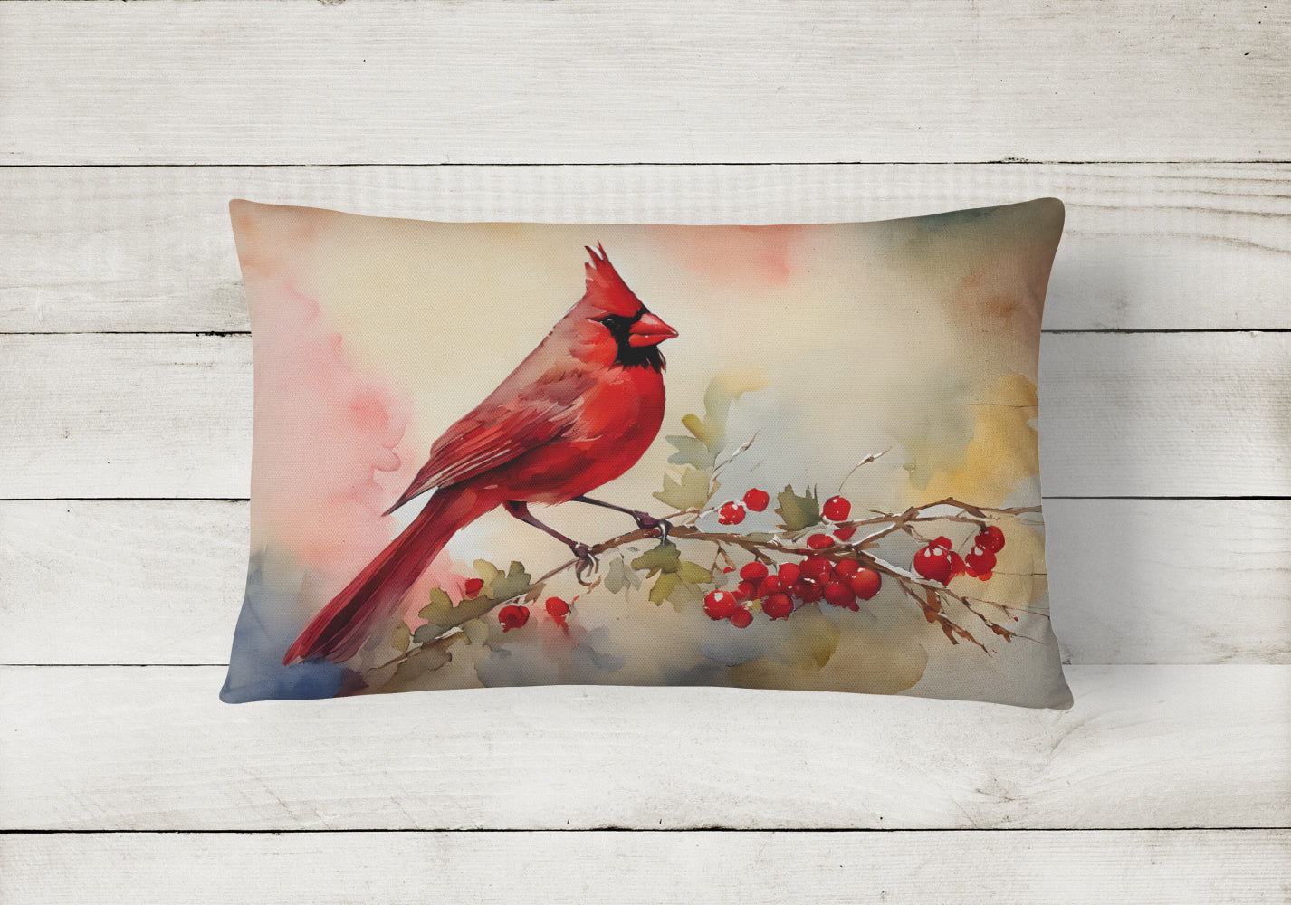 Northern Cardinal with Berries Decorative Throw Pillow 12x16 Indoor Outdoor Accent Cushion, Fabric Cover with Insert for Sofa, Bed, Porch & Living Room