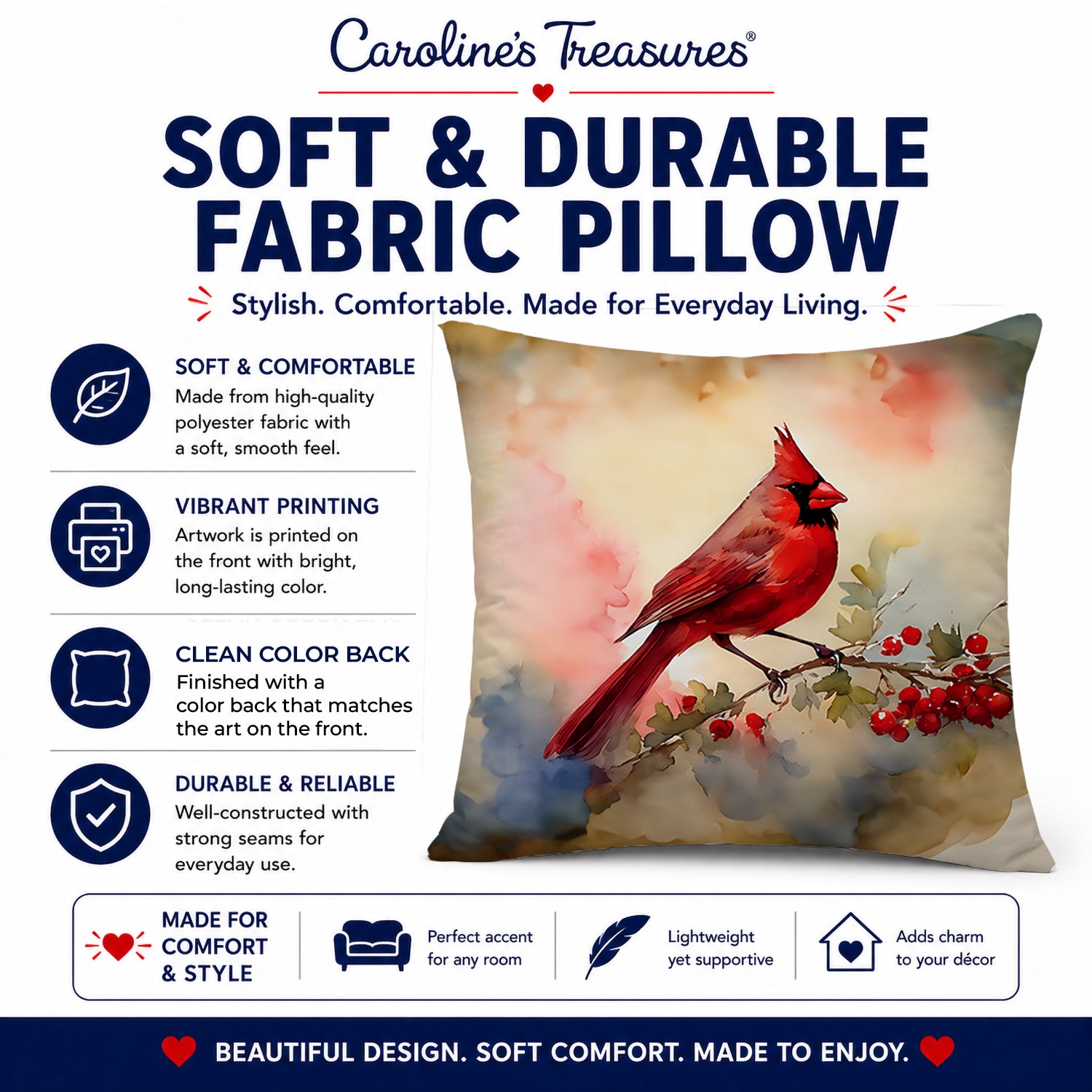 Northern Cardinal with Berries Decorative Throw Pillow 18x18 Indoor Outdoor Accent Cushion, Fabric Cover with Insert for Sofa, Bed, Porch & Living Room
