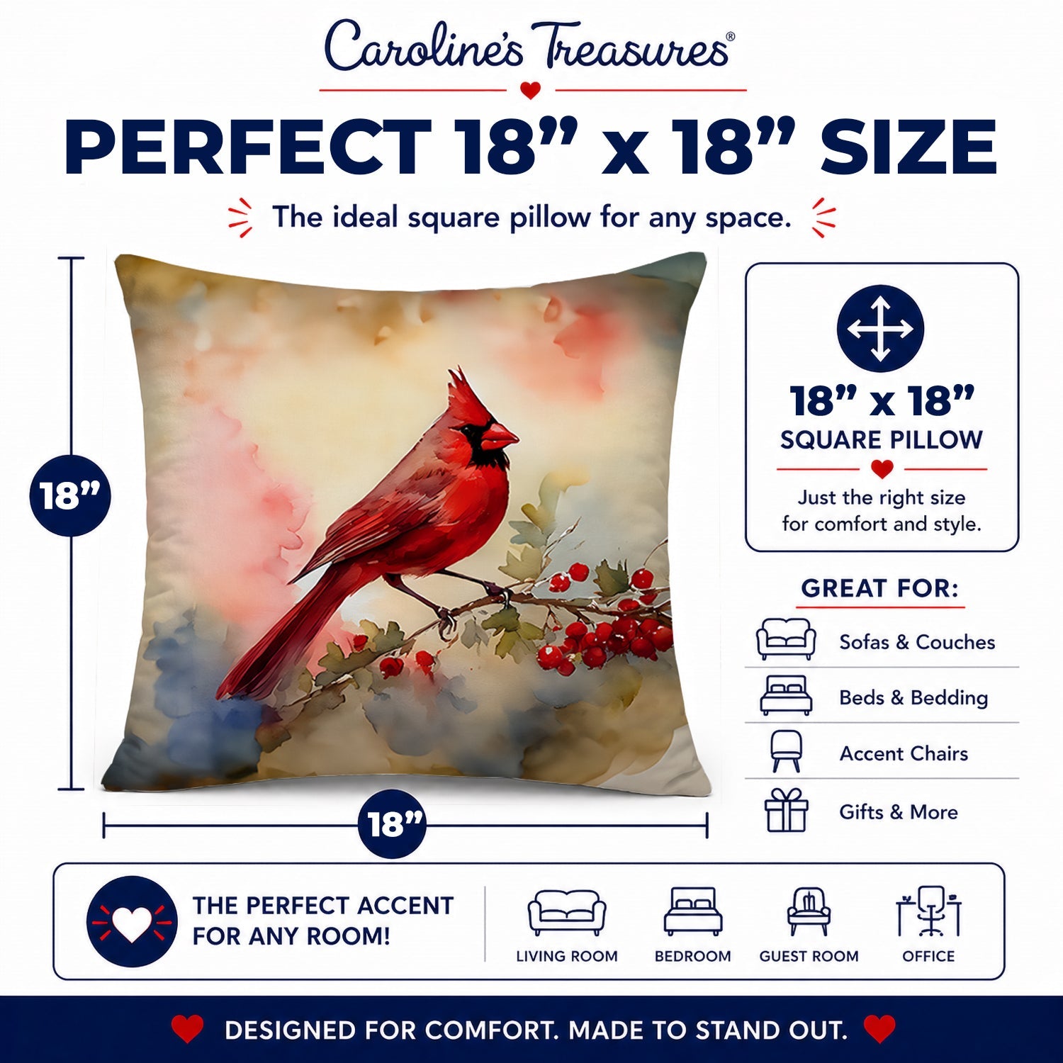 Northern Cardinal with Berries Decorative Throw Pillow 18x18 Indoor Outdoor Accent Cushion, Fabric Cover with Insert for Sofa, Bed, Porch & Living Room