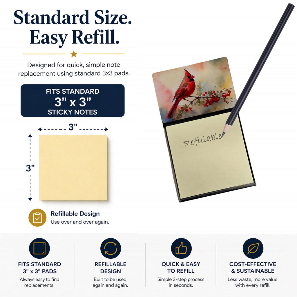 Northern Cardinal with Berries Watercolor Sticky Note Holder Refillable Dispenser Desk Accessory 3x3 Pad Gift