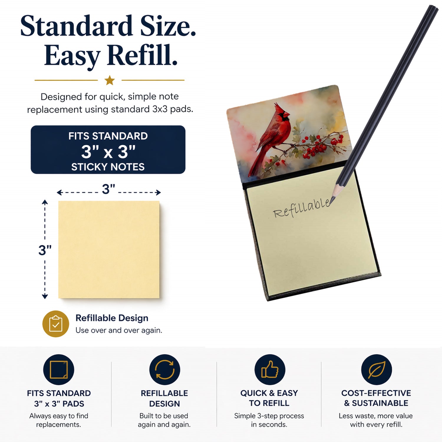 Northern Cardinal with Berries Watercolor Sticky Note Holder Refillable Dispenser Desk Accessory 3x3 Pad Gift
