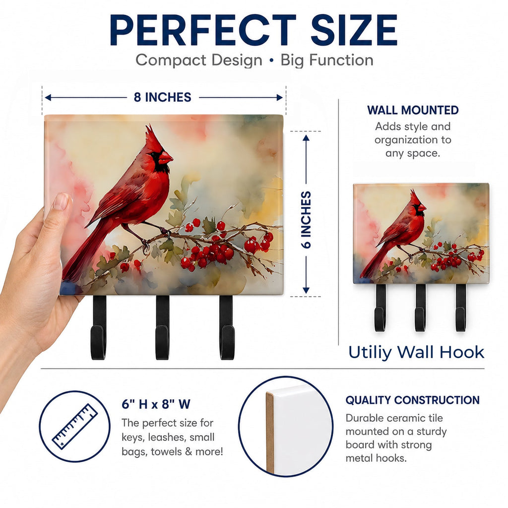 Northern Cardinal with Berries Leash or Key Holder Wall Hooks, Coat Rack Wall Mount, for Hanging Keys, Towels, Aprons, Leashes
