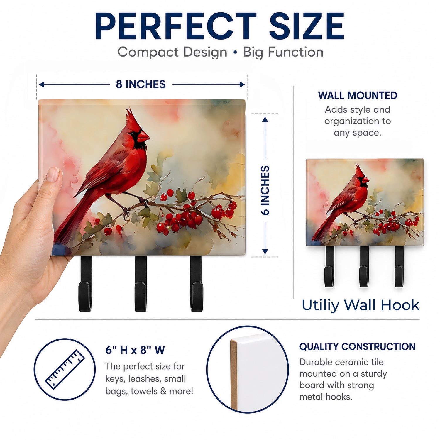 Northern Cardinal with Berries Leash or Key Holder Wall Hooks, Coat Rack Wall Mount, for Hanging Keys, Towels, Aprons, Leashes