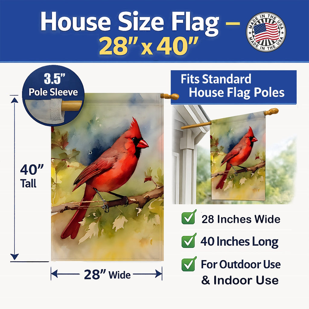 Northern Cardinal on Branch Autumn House Flag 28x40 Porch Sleeve Pole Decorative Outside Yard Banner Artwork Wall Hanging, Polyester