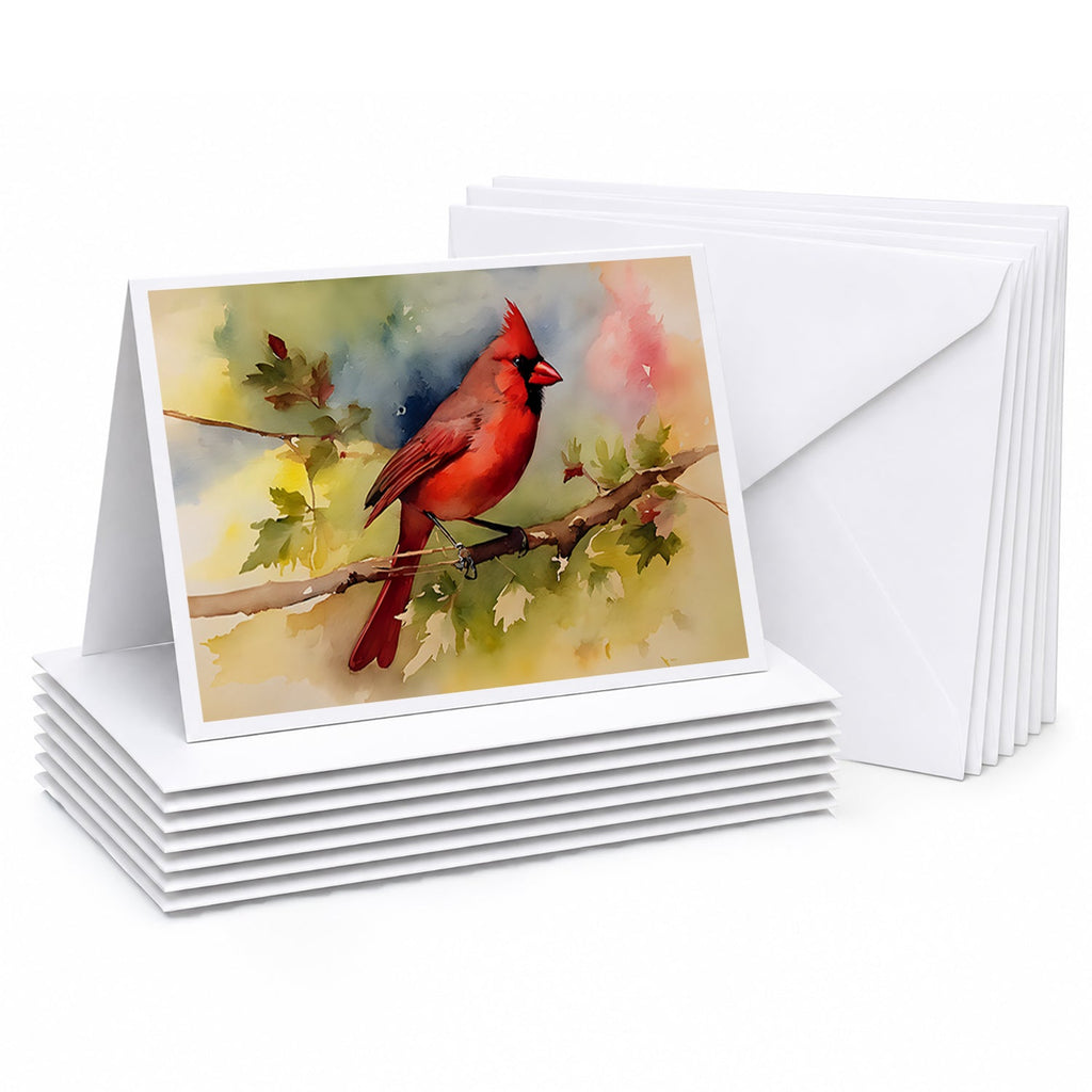 Northern Cardinal on Branch Autumn Greeting Cards Pack of 8 Blank Cards with Envelopes Whimsical A7 Size 5x7