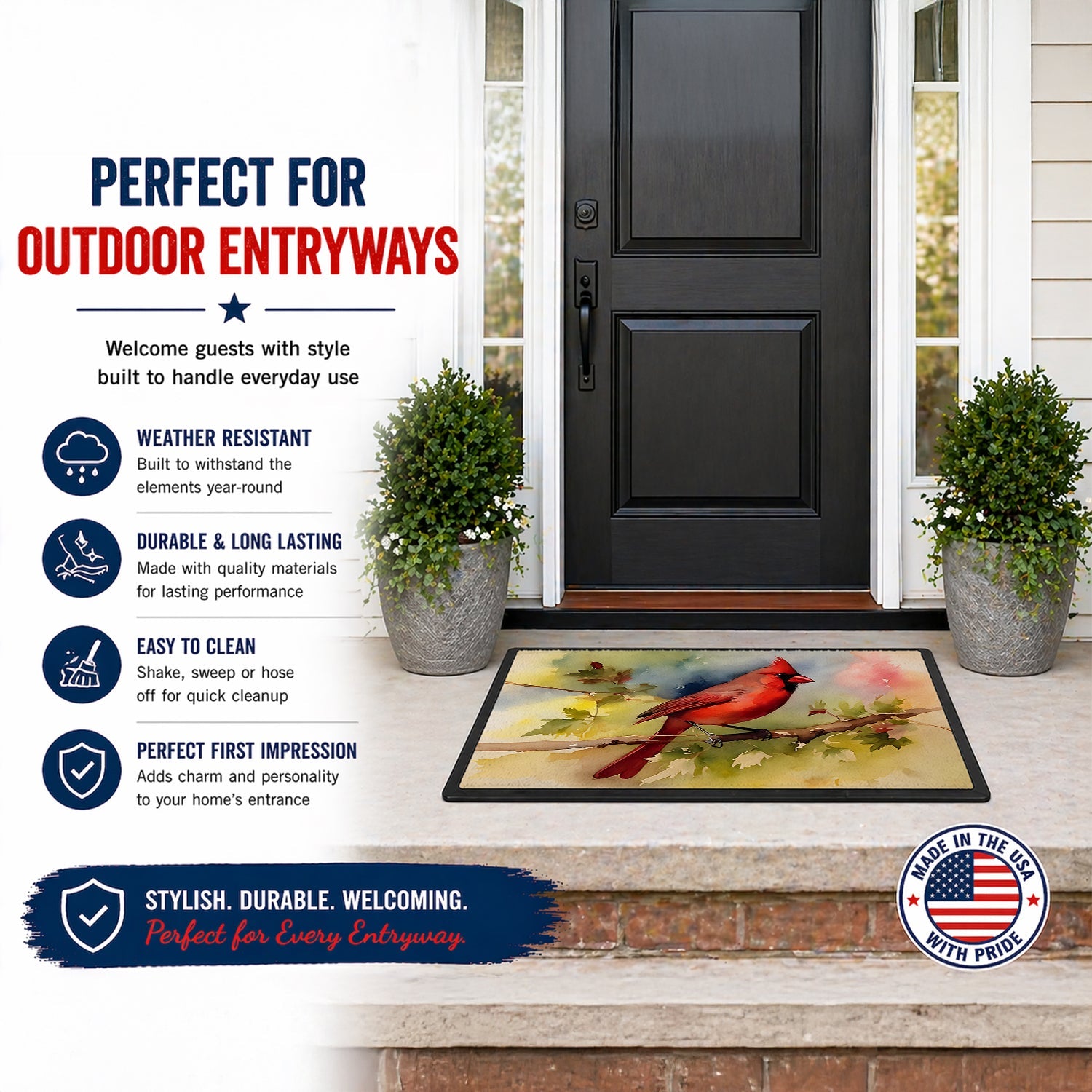 Northern Cardinal on Branch Autumn Doormat Indoor Outdoor 18H X 27W Front Door Mat Rugs for Entryway, Non Slip Washable