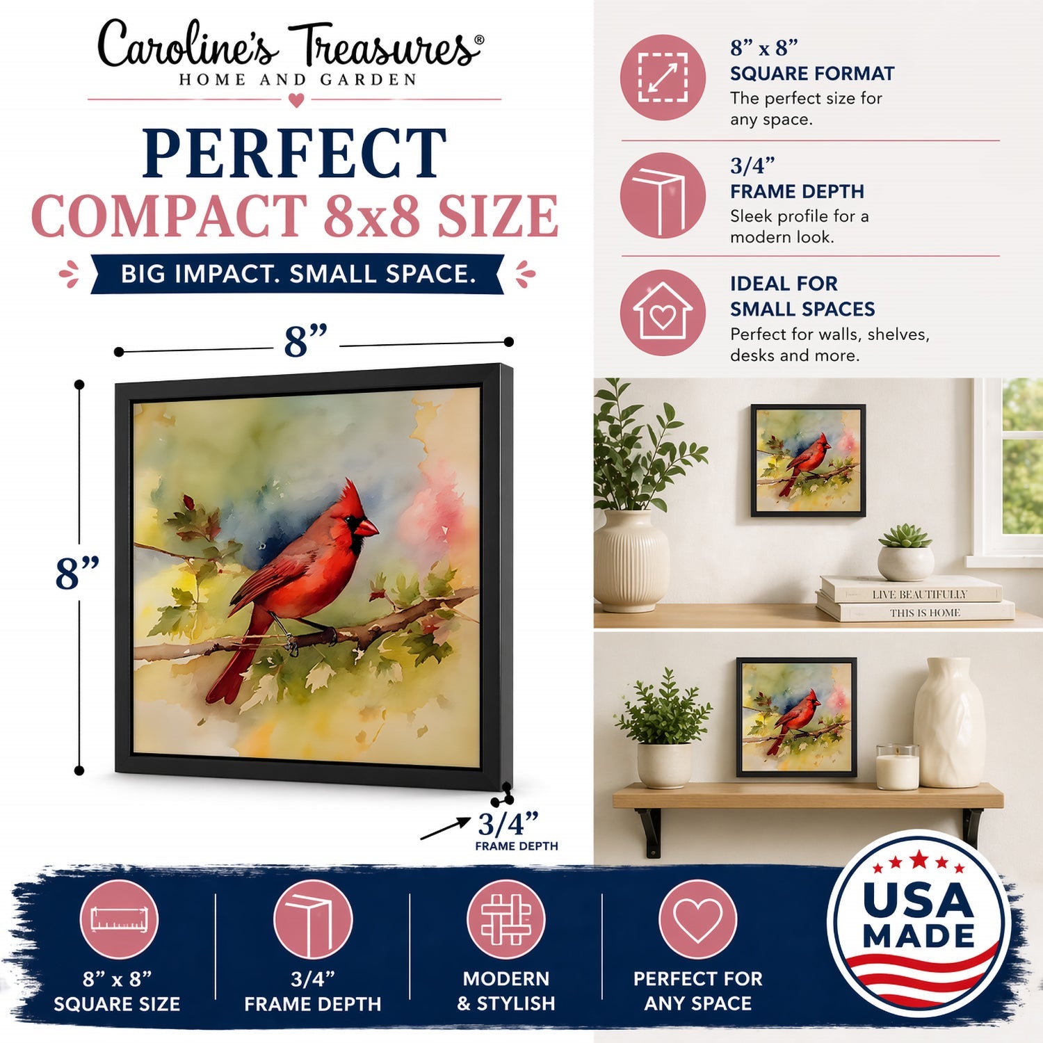 Northern Cardinal on Branch Autumn Framed Metal Print Bathroom, Kitchen, Office, Home Decor Wall Art Ready to Hang, Square, 8X8