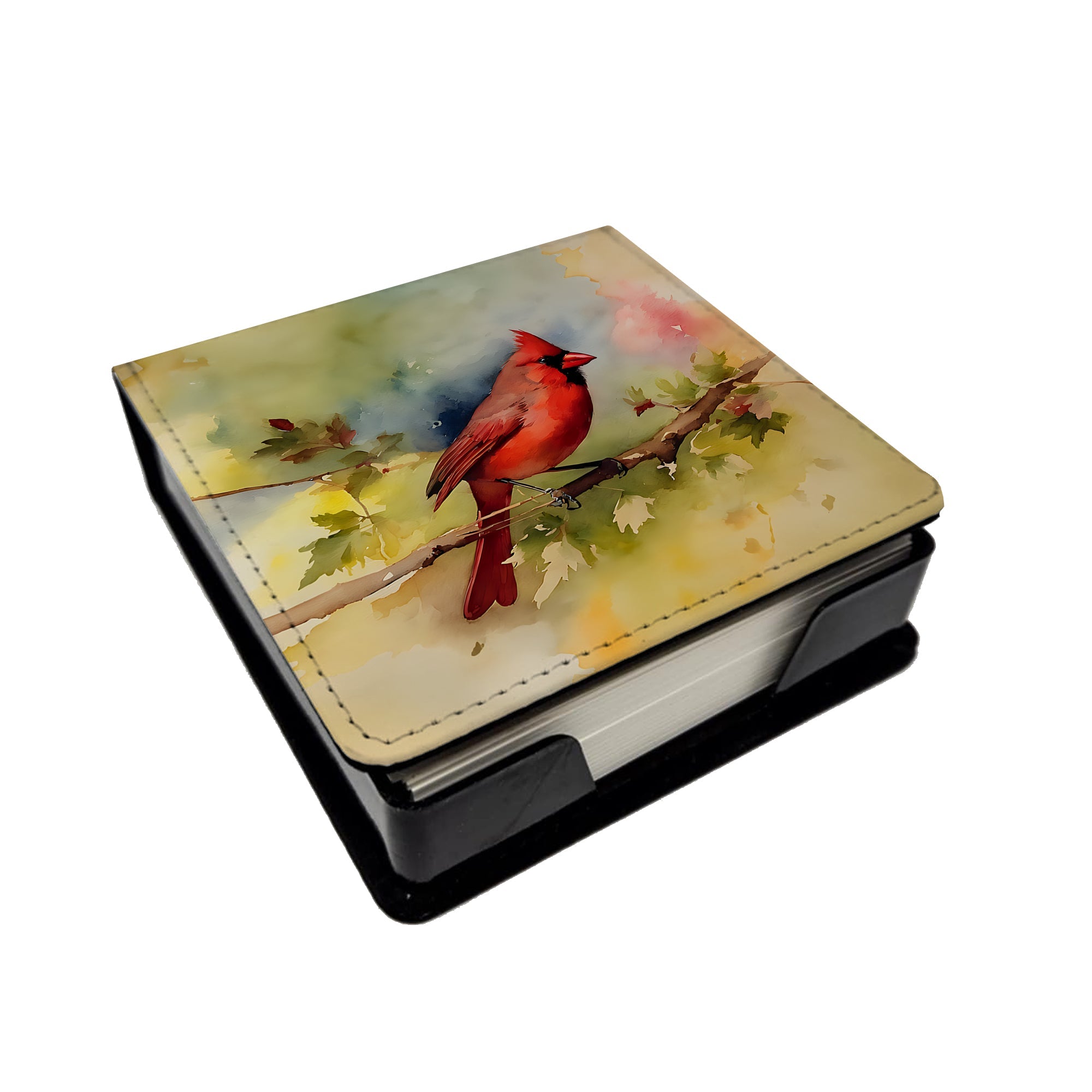 Northern Cardinal on Branch Autumn PU Leather Note Paper Holder with Artist-Designed Cover, Desk Accessory, Office Gift
