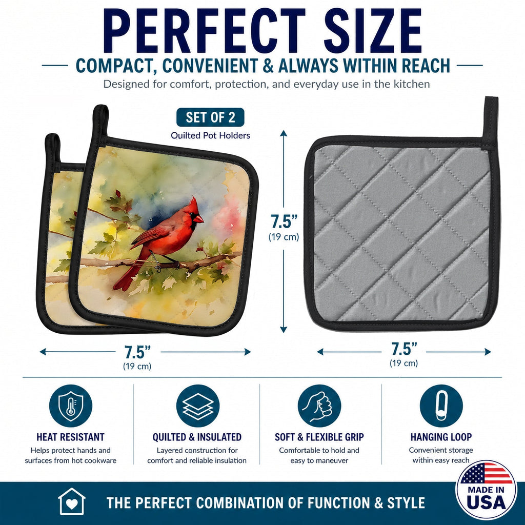 Northern Cardinal on Branch Autumn Pot Holder Set of 2 Heat Resistant Quilted Hot Pads 7.5 x 7.5 Inch, Insulated Kitchen Trivets for Cooking & Baking