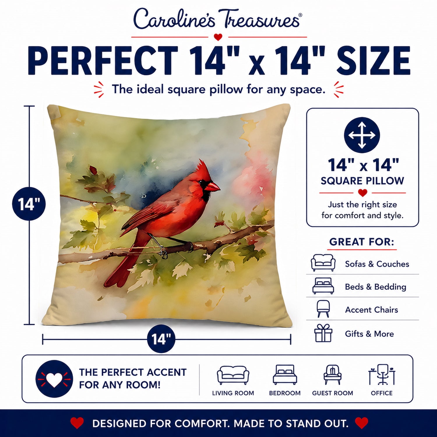 Northern Cardinal on Branch Autumn Decorative Throw Pillow 14x14 Indoor Outdoor Accent Cushion, Fabric Cover with Insert for Sofa, Bed, Porch & Living Room
