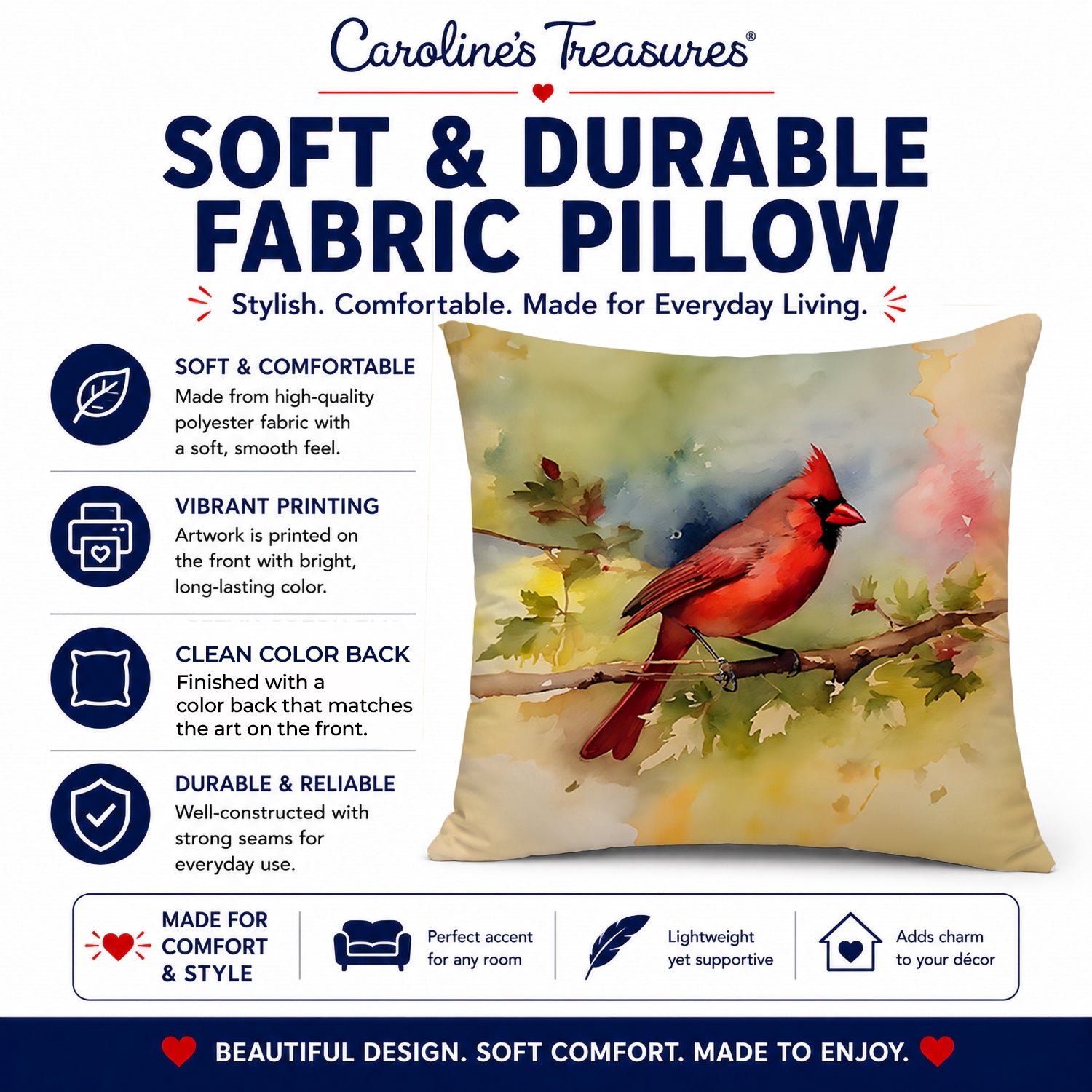 Northern Cardinal on Branch Autumn Decorative Throw Pillow 18x18 Indoor Outdoor Accent Cushion, Fabric Cover with Insert for Sofa, Bed, Porch & Living Room