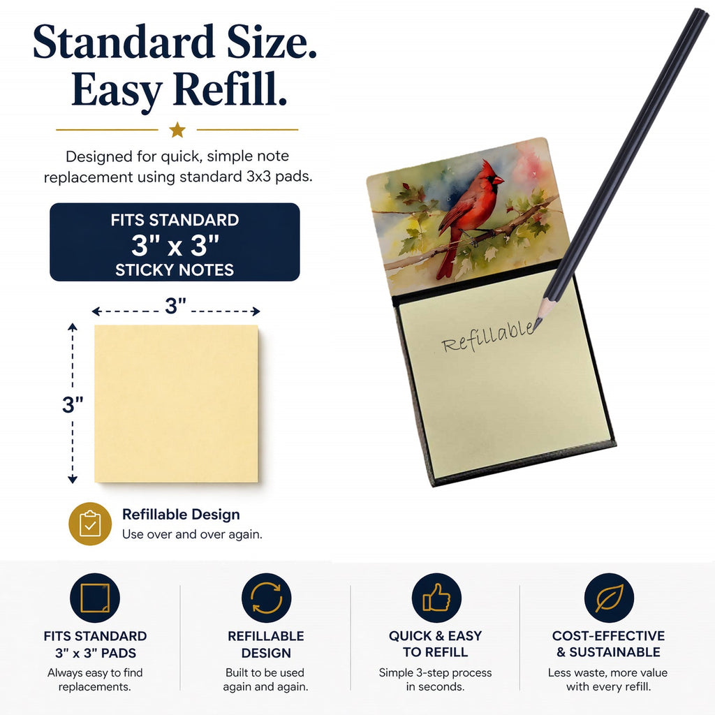 Northern Cardinal on Branch Autumn Watercolor Sticky Note Holder Refillable Dispenser Desk Accessory 3x3 Pad Gift