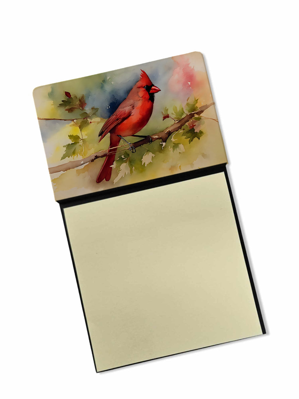Northern Cardinal on Branch Autumn Watercolor Sticky Note Holder Refillable Dispenser Desk Accessory 3x3 Pad Gift