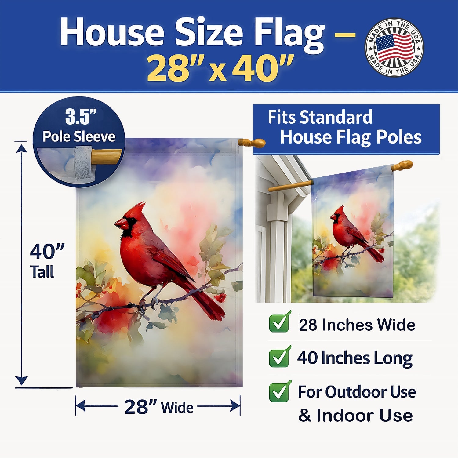 Northern Cardinal Floral Branch House Flag 28x40 Porch Sleeve Pole Decorative Outside Yard Banner Artwork Wall Hanging, Polyester