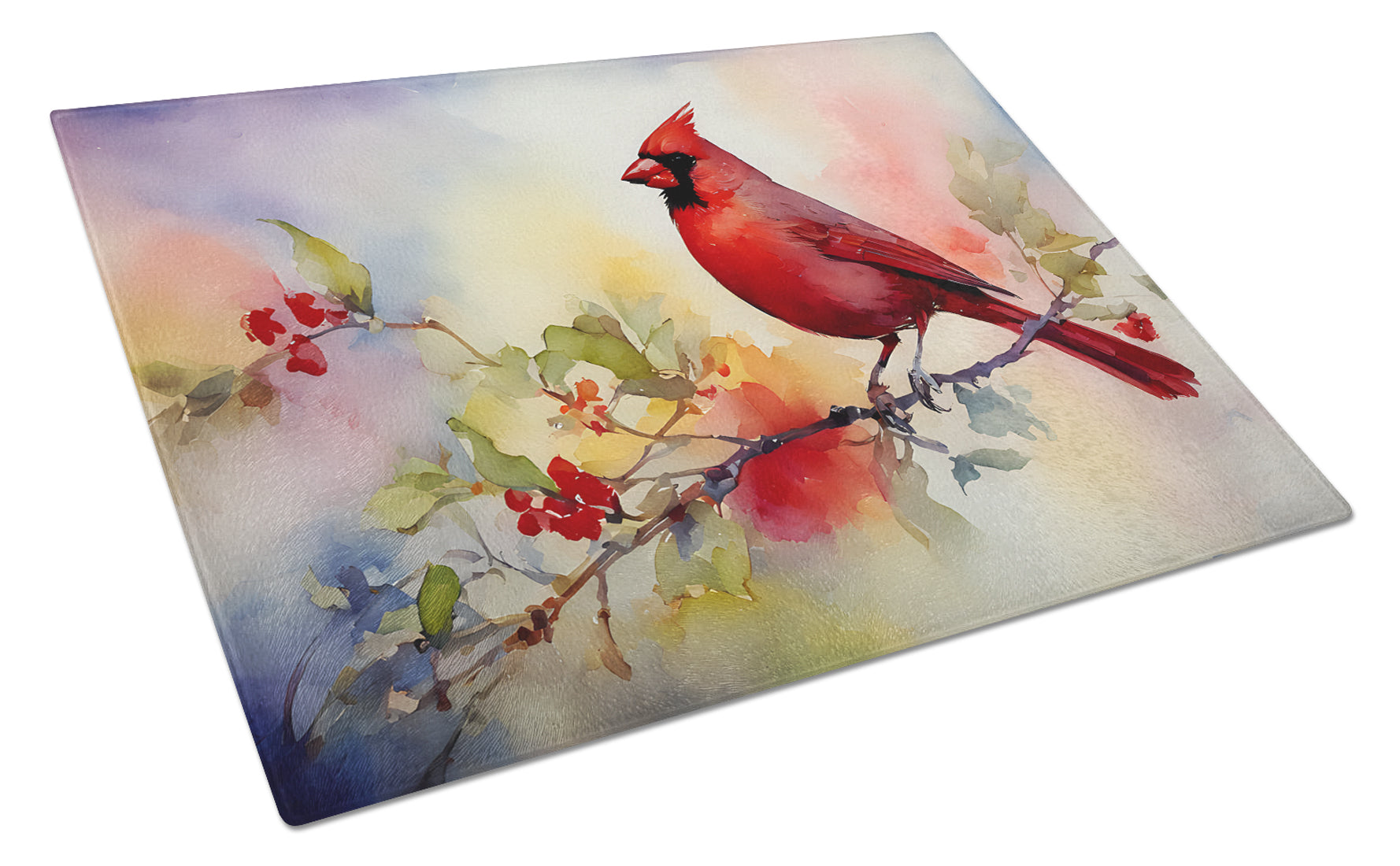 Northern Cardinal Floral Branch Cutting Board Tempered Glass Kitchen Cutting Surface, Heat Resistant Chopping, Non-Slip Feet, Food Prep & Serving