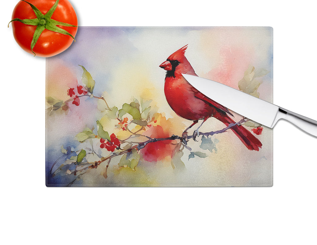 Northern Cardinal Floral Branch Cutting Board Tempered Glass Kitchen Cutting Surface, Heat Resistant Chopping, Non-Slip Feet, Food Prep & Serving