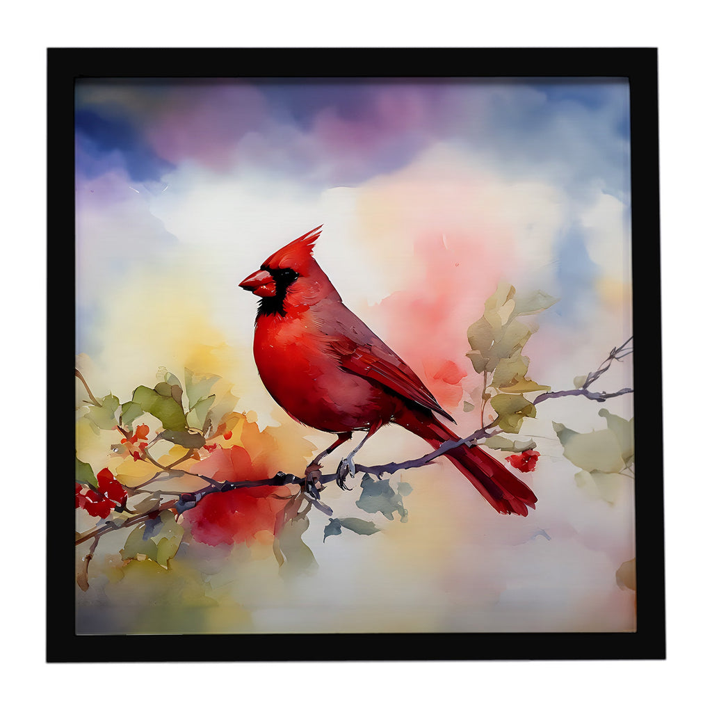 Northern Cardinal Floral Branch Framed Metal Print Bathroom, Kitchen, Office, Home Decor Wall Art Ready to Hang, Square, 8X8