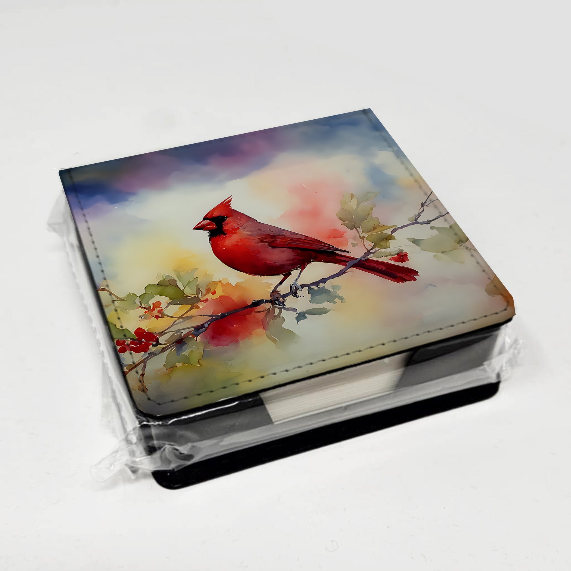 Northern Cardinal Floral Branch PU Leather Note Paper Holder with Artist-Designed Cover, Desk Accessory, Office Gift