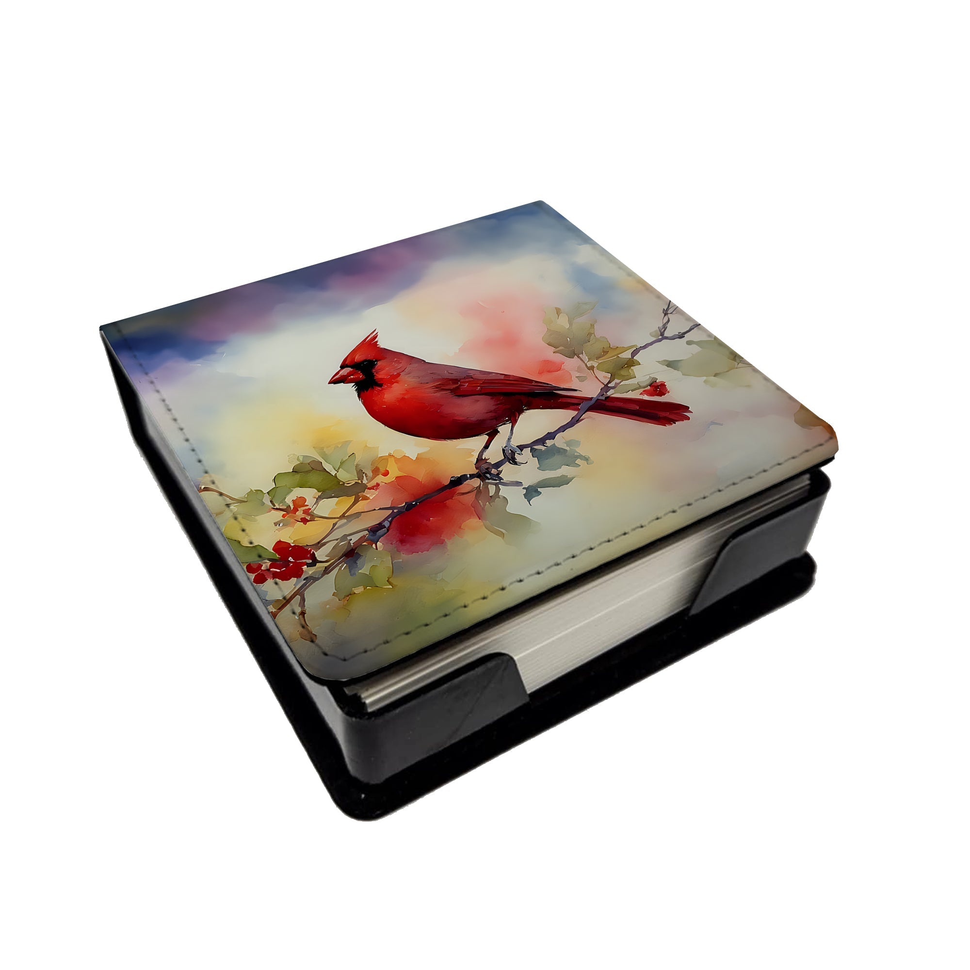 Northern Cardinal Floral Branch PU Leather Note Paper Holder with Artist-Designed Cover, Desk Accessory, Office Gift