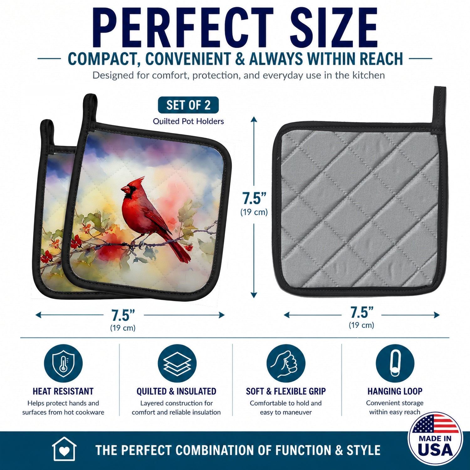 Northern Cardinal Floral Branch Pot Holder Set of 2 Heat Resistant Quilted Hot Pads 7.5 x 7.5 Inch, Insulated Kitchen Trivets for Cooking & Baking